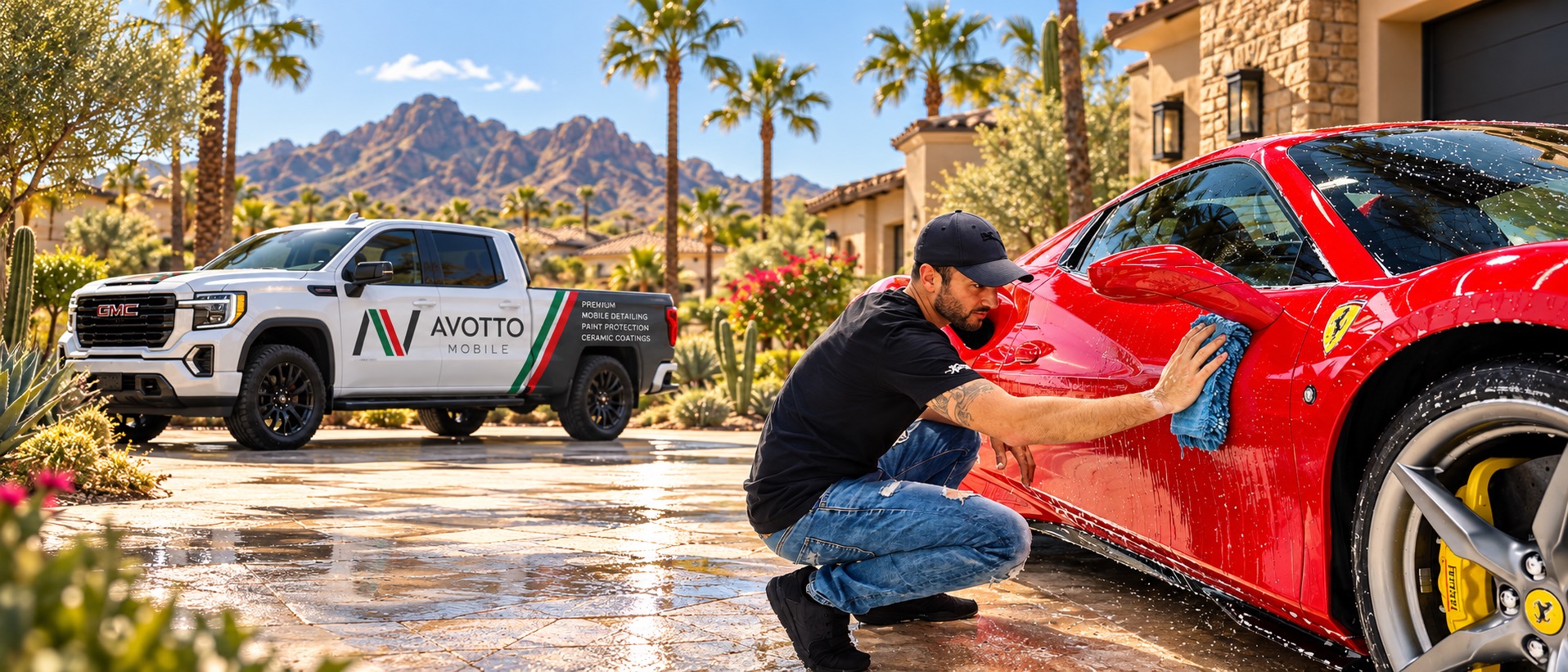 Anthony hand-washing a red Ferrari at a Scottsdale driveway, AVOTTO truck parked behind