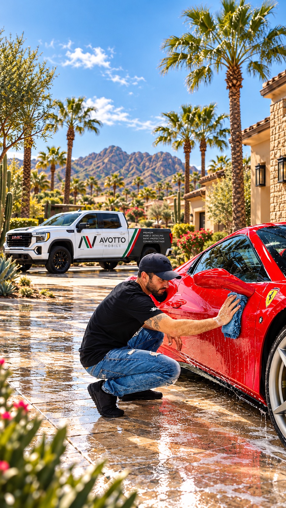 Anthony hand-washing a red Ferrari at a Scottsdale driveway, AVOTTO truck parked behind