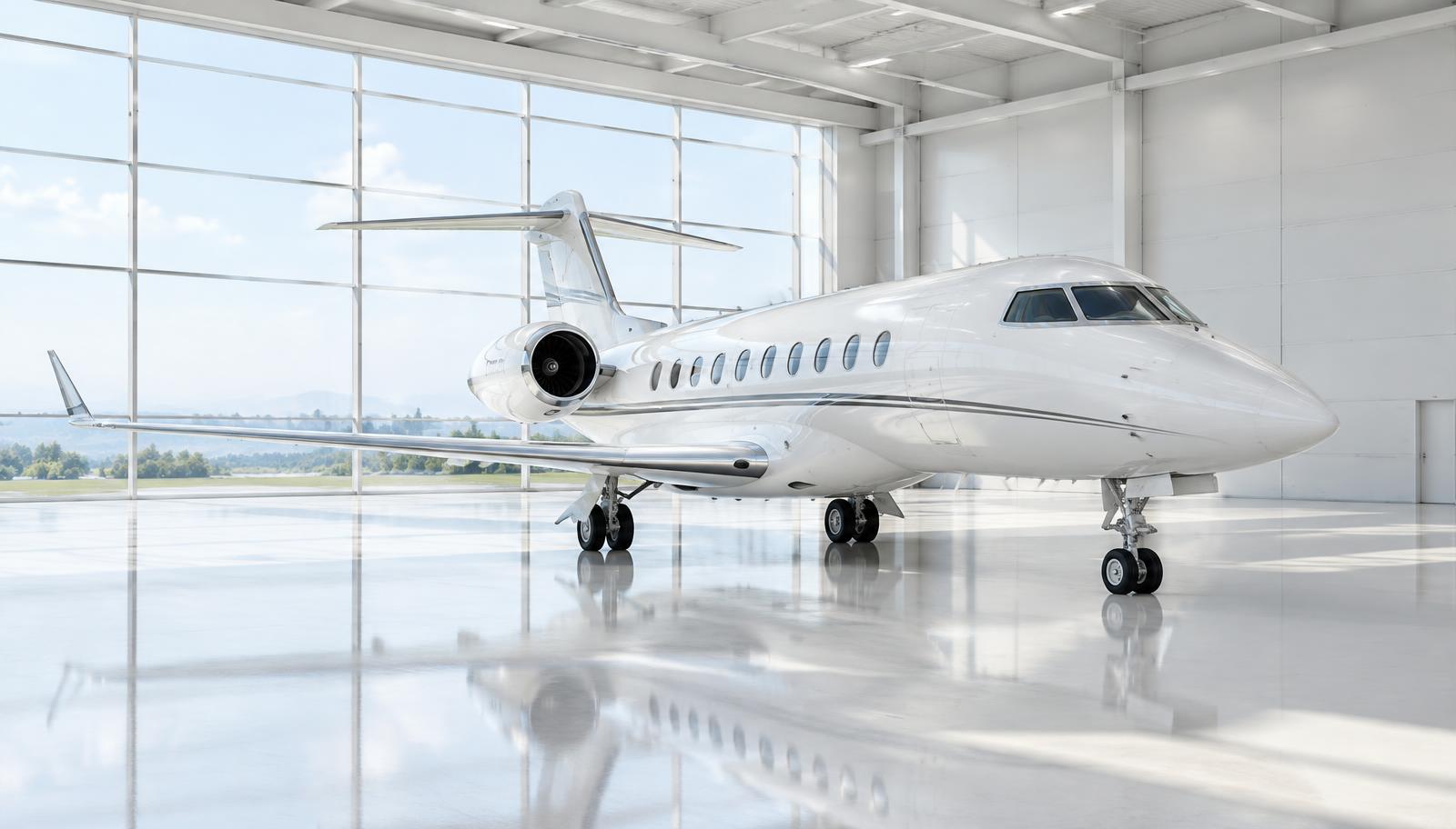 Private jet in a bright modern hangar