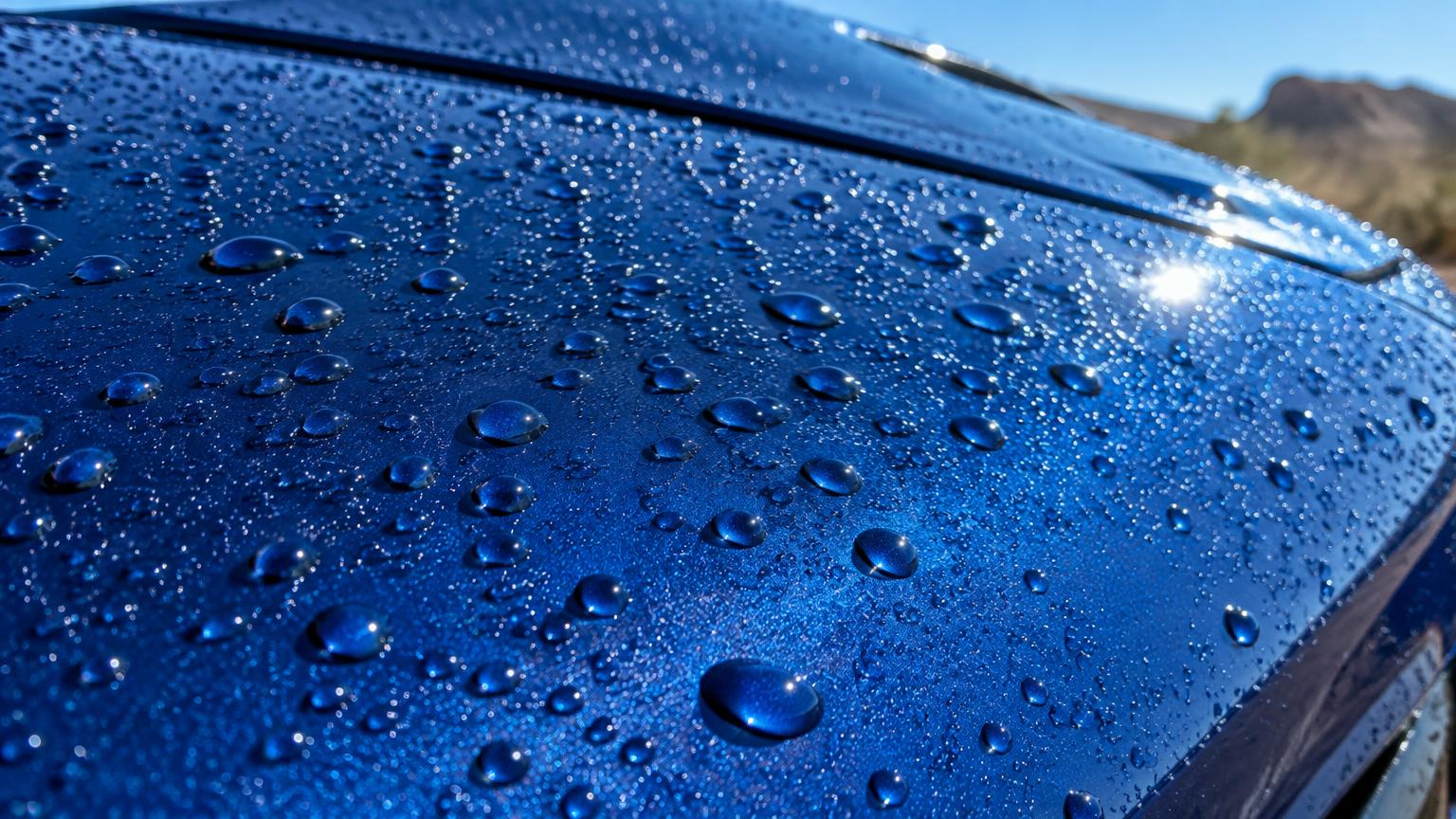 Water beading on a freshly ceramic coated deep blue car panel in bright Arizona sun