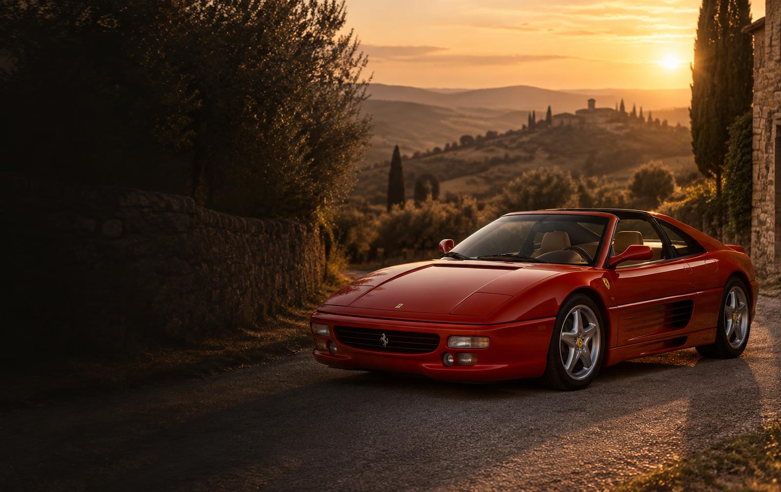 Red Ferrari 355 GTS with tan interior on a quiet Italian country road; illustrative image