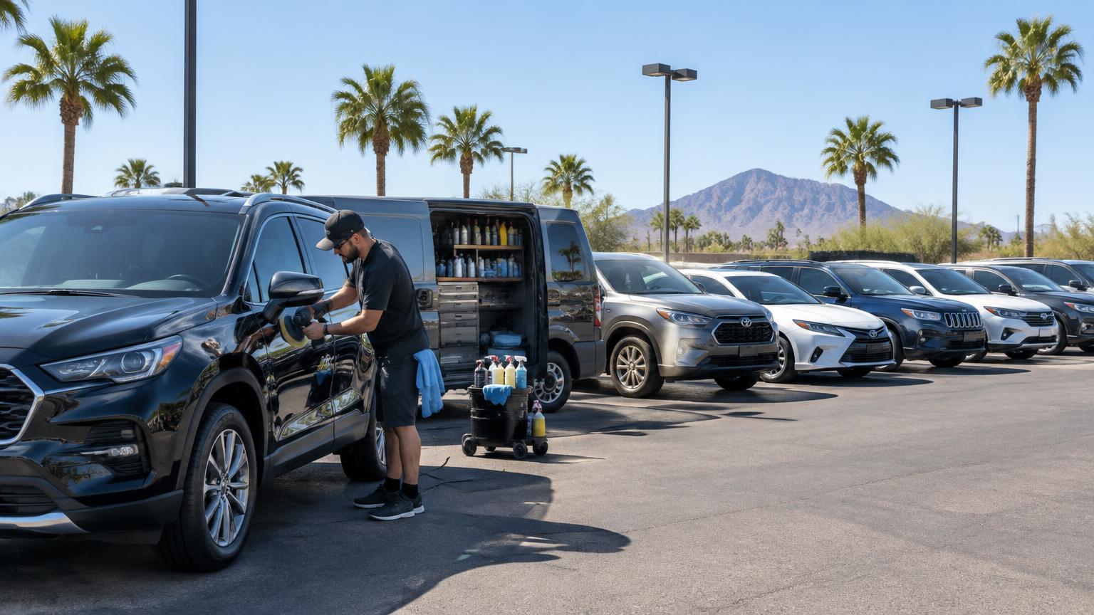 Detailer machine-polishing a black SUV on a Phoenix dealership lot beside a mobile detailing van and a row of used vehicles