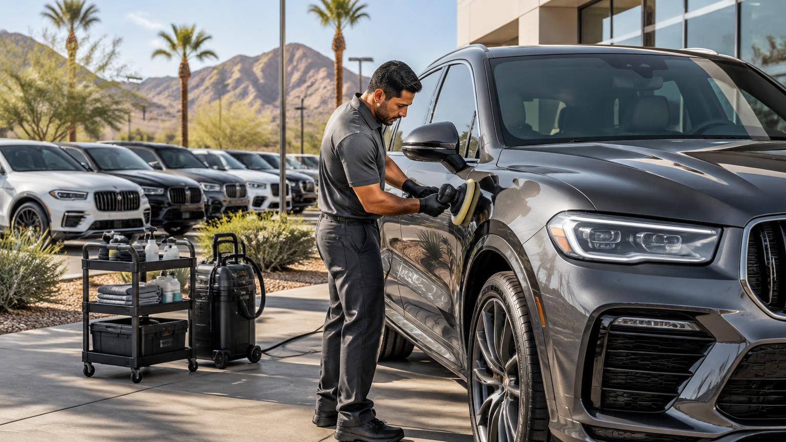 Mobile detailer machine-polishing a gray luxury SUV on a Scottsdale dealership lot with pre-owned inventory behind him
