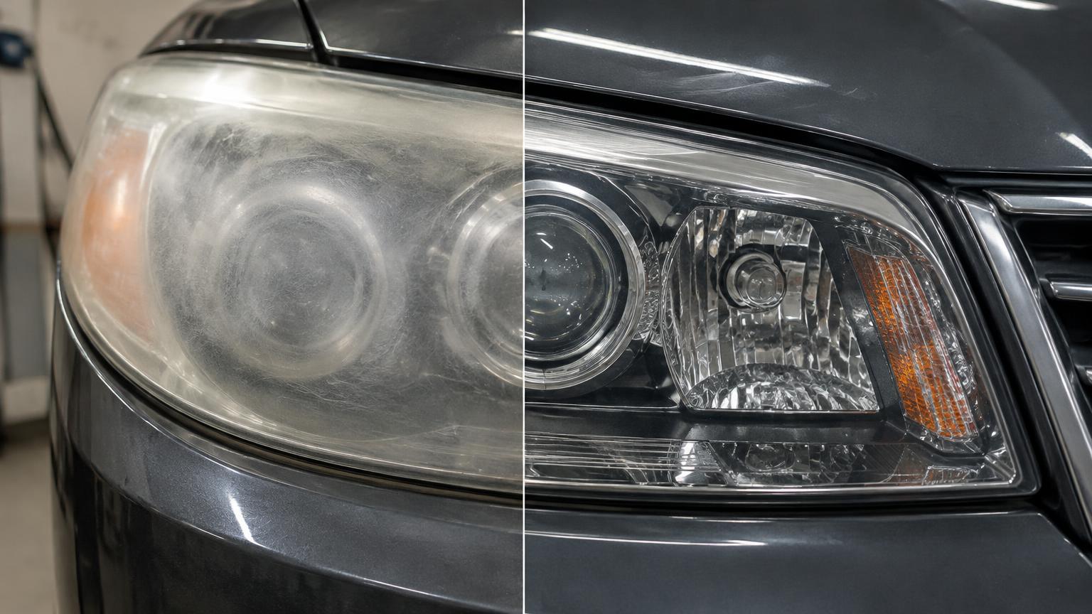 Split view of a headlight: left half hazy with uneven sanding marks from a DIY kit, right half clear after professional restoration