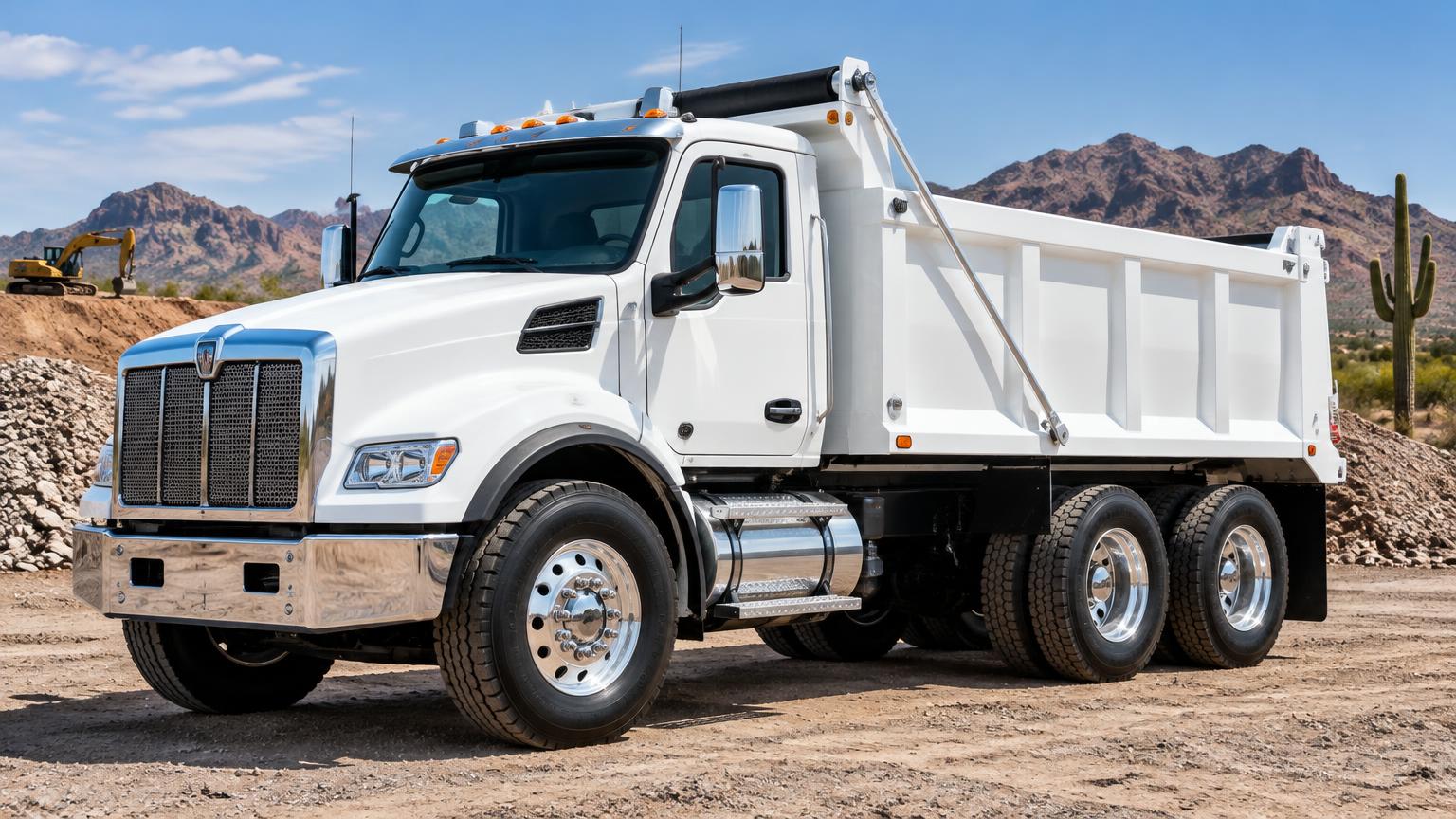 Clean white dump truck with polished aluminum wheels parked at an Arizona job site
