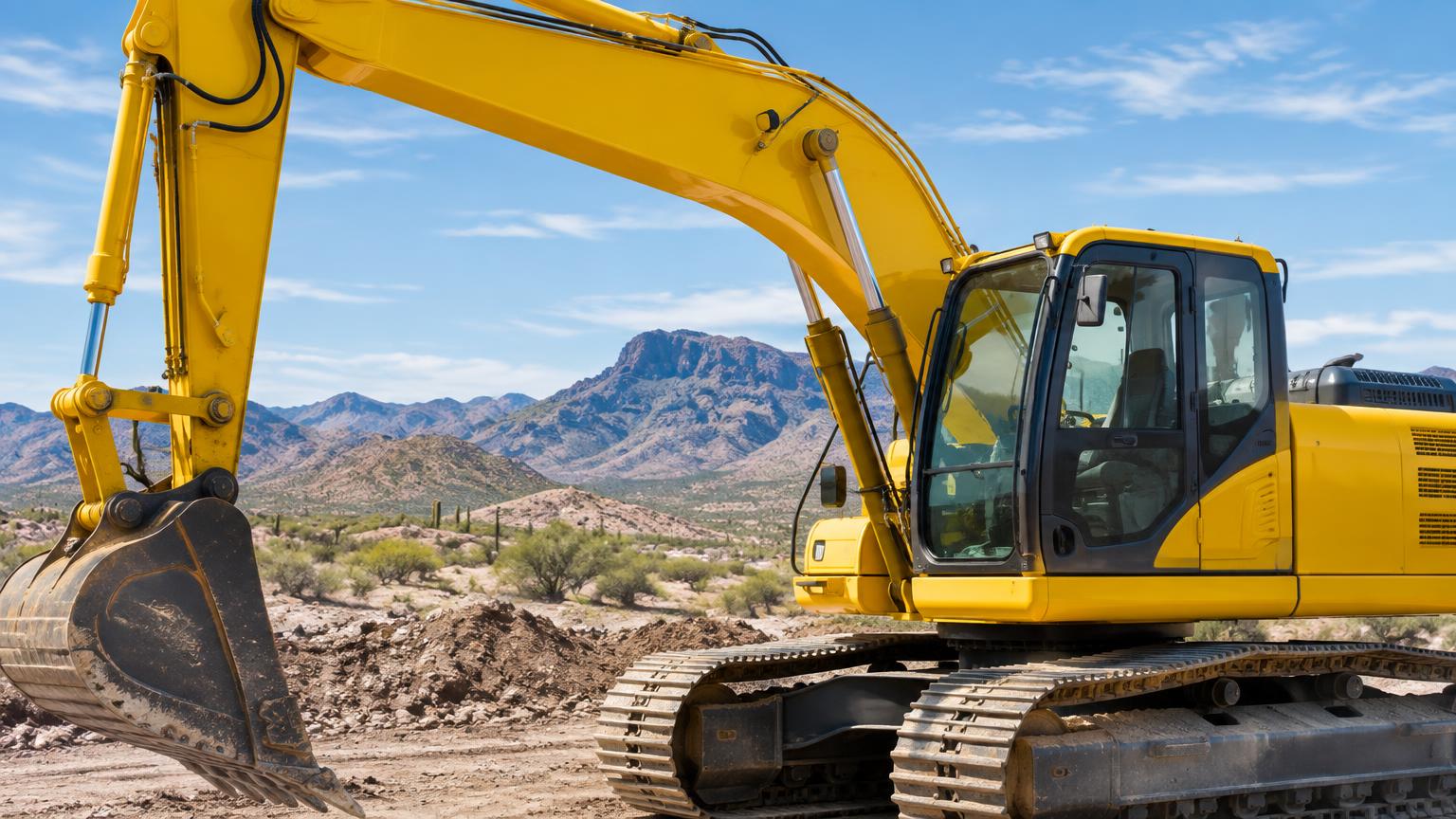 Yellow excavator boom and cab on a dusty Arizona job site with mountains behind