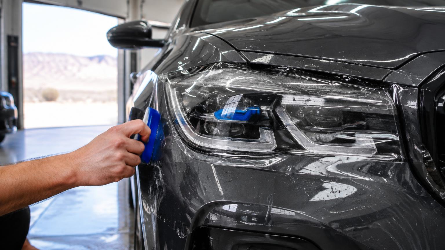 Detailer squeegeeing clear paint protection film onto a modern LED headlight on a dark grey SUV