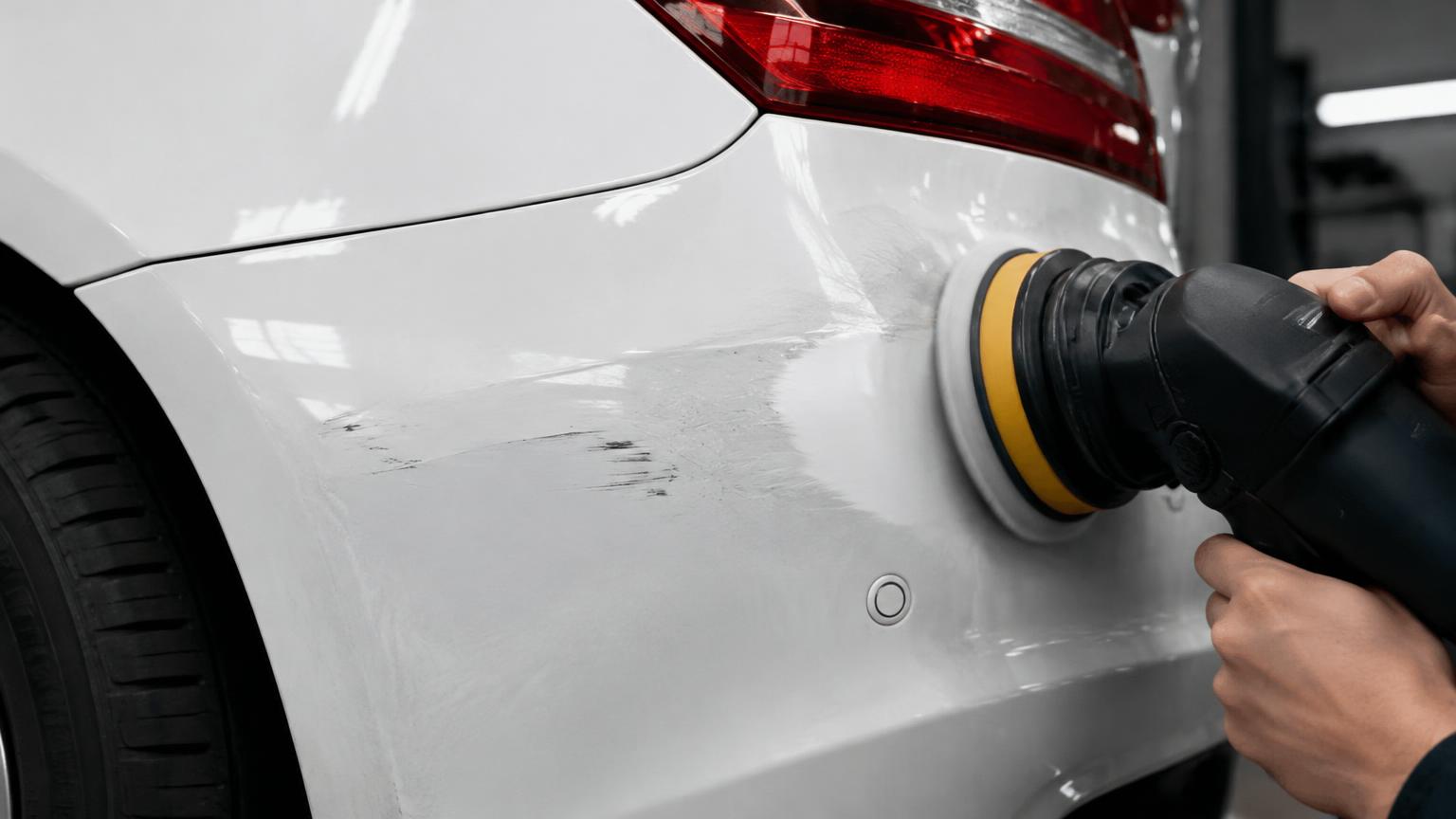 Dual-action polisher removing scuffs and light scratches from a white rear bumper corner, half the area already corrected