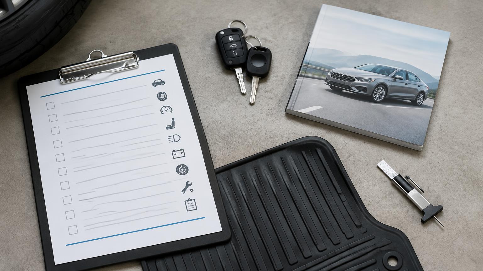 Lease return checklist on a clipboard beside two car keys, an owner's manual, a floor mat and a tyre tread gauge