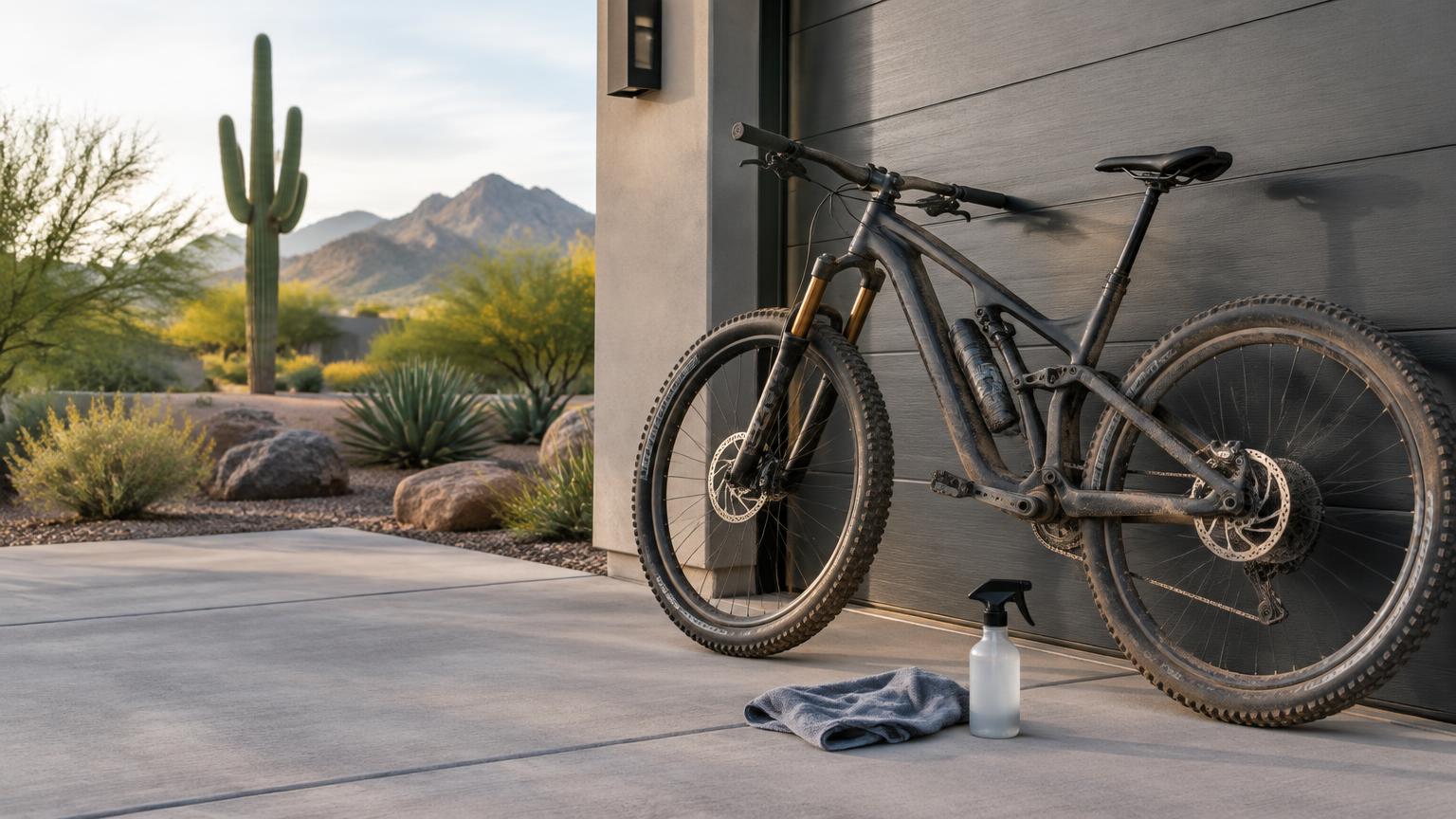 Dusty full-suspension mountain bike leaning against a Scottsdale home garage with desert landscaping behind it