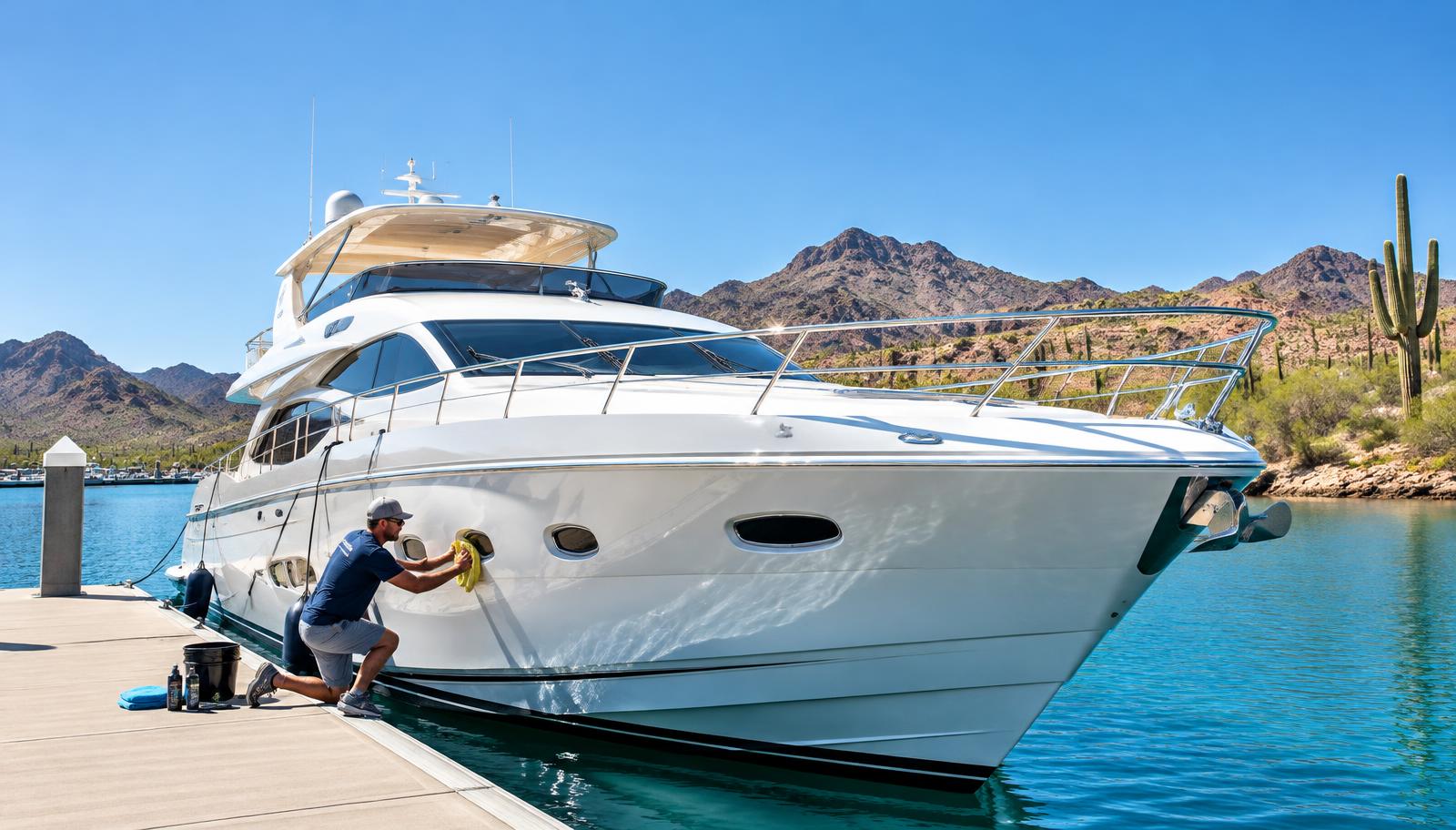 Luxury yacht being detailed by hand at a desert marina
