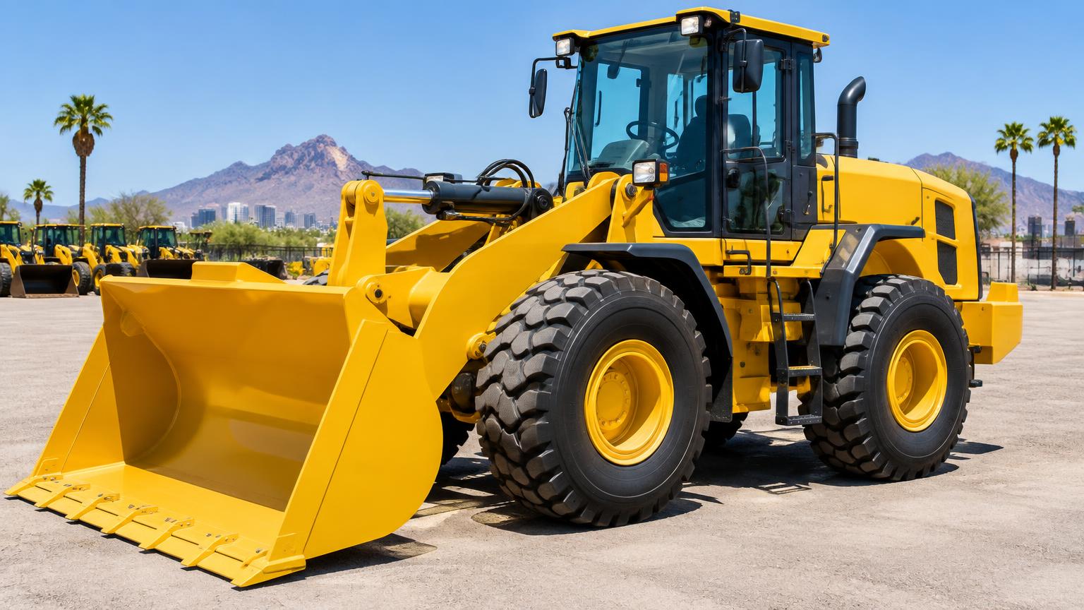 Brand-new yellow wheel loader with glossy paint parked in a Phoenix equipment yard