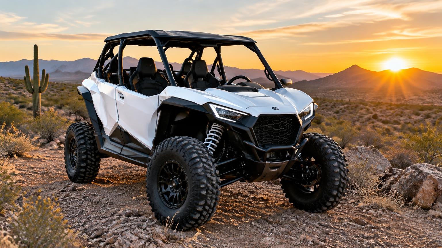 Brand-new white sport side-by-side parked on a desert trail at sunrise with a saguaro behind