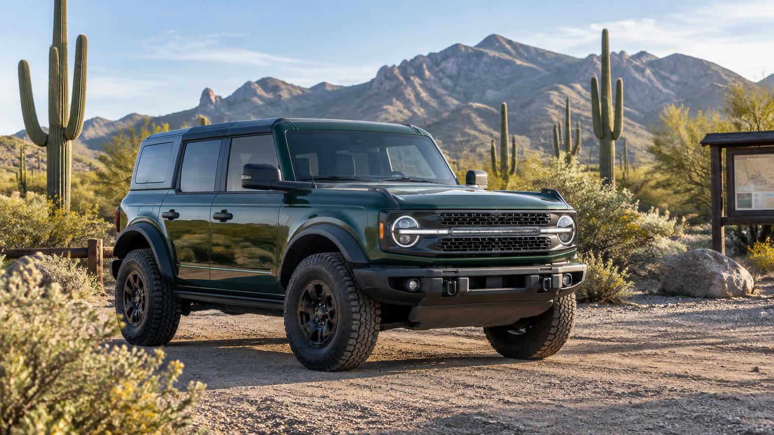 New dark green Ford Bronco parked at a Sonoran desert trailhead with saguaro cacti and mountains behind