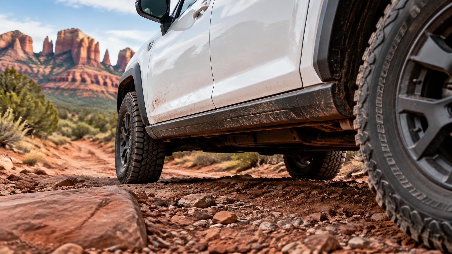 Low view of a white off-road SUV's dusty rocker panel and front tire on a red rock trail near Sedona