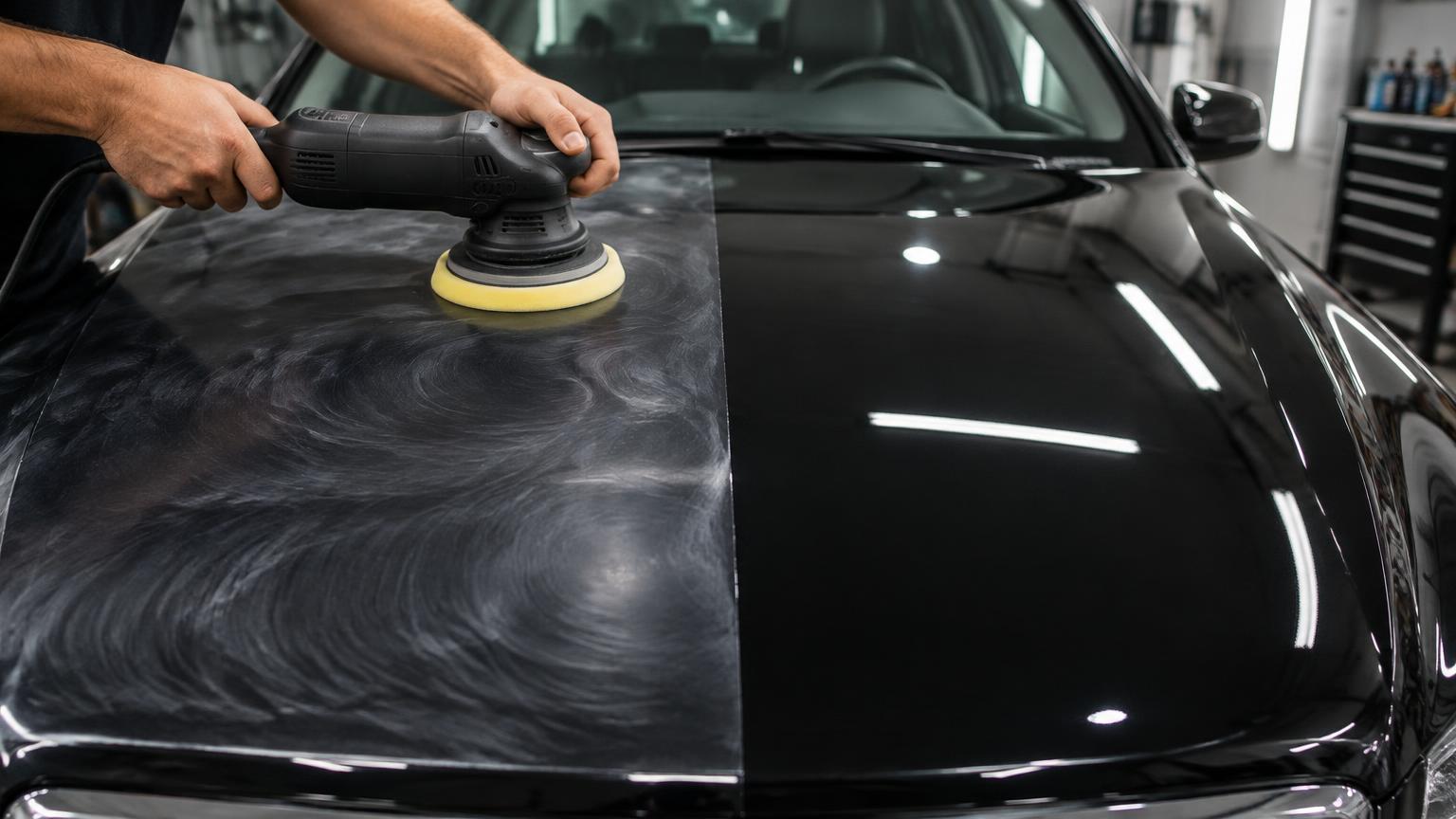Machine polisher on a black car hood with swirled paint on one half and corrected gloss on the other