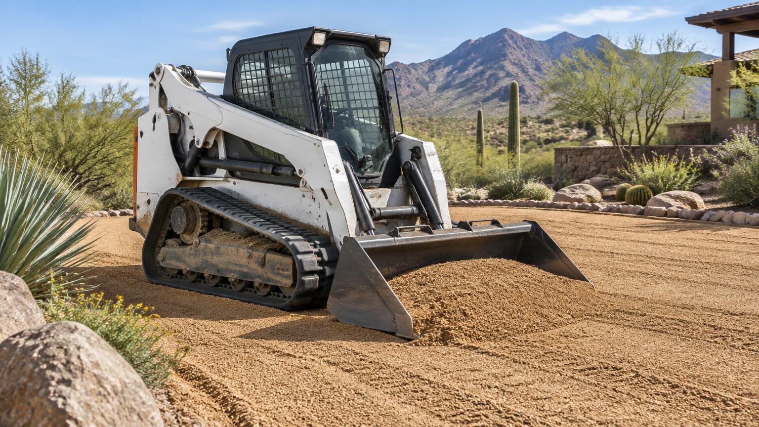 Compact track loader spreading decomposed granite on an Arizona landscaping site