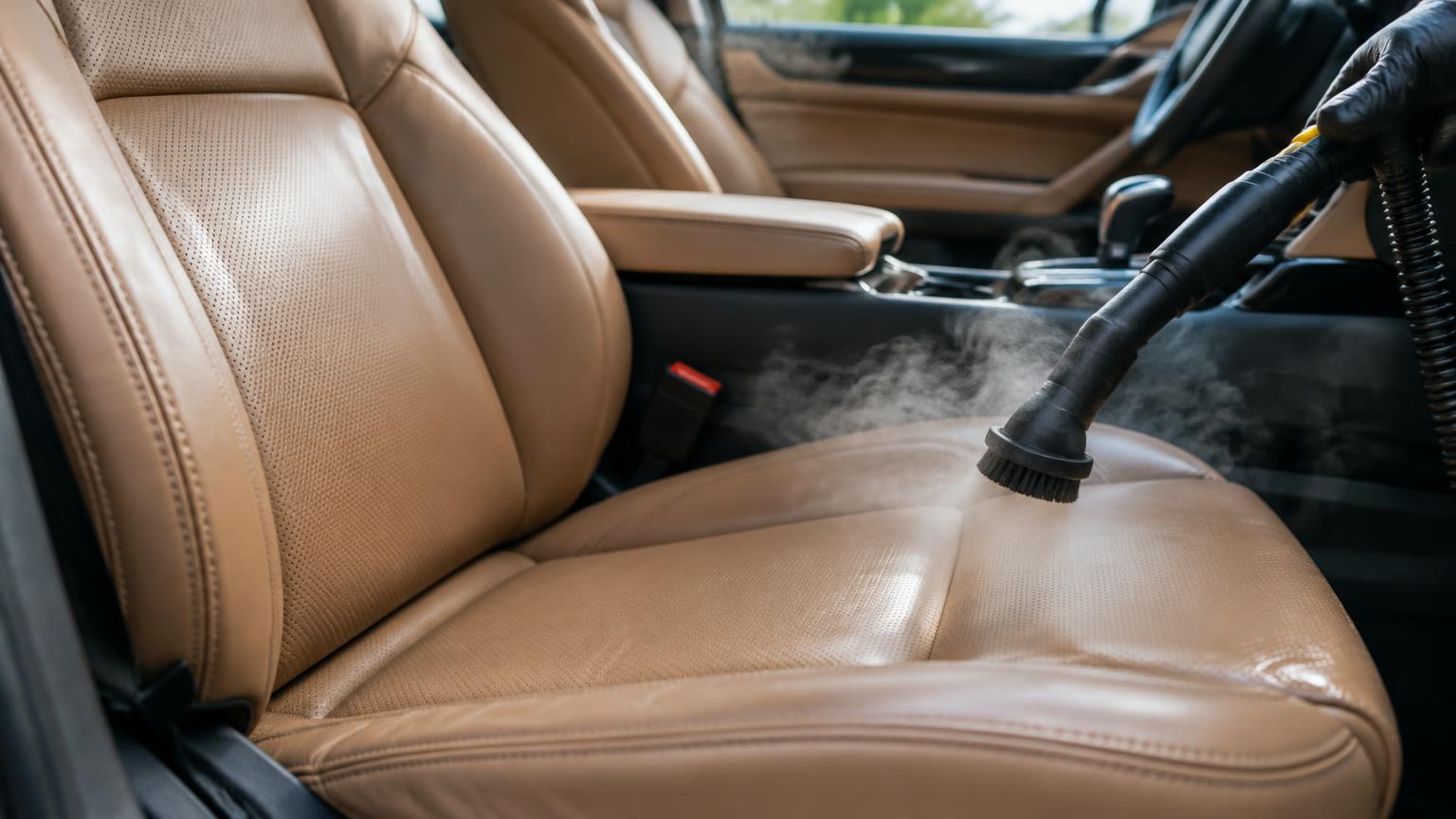 Tan leather car seat being steam cleaned during a used car interior detail