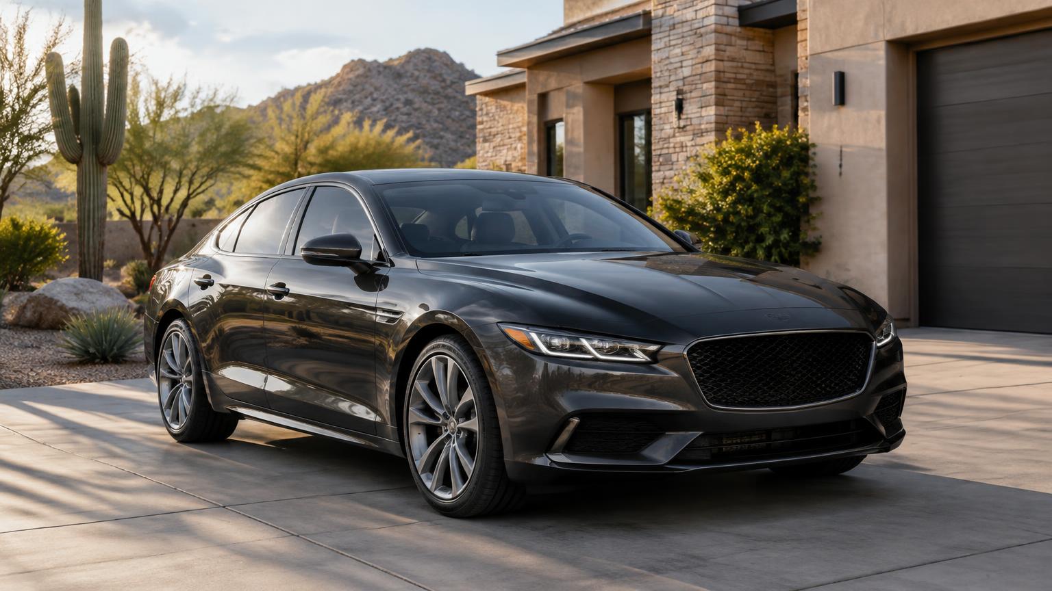 Freshly detailed dark grey sedan with deep gloss parked in a Scottsdale home driveway