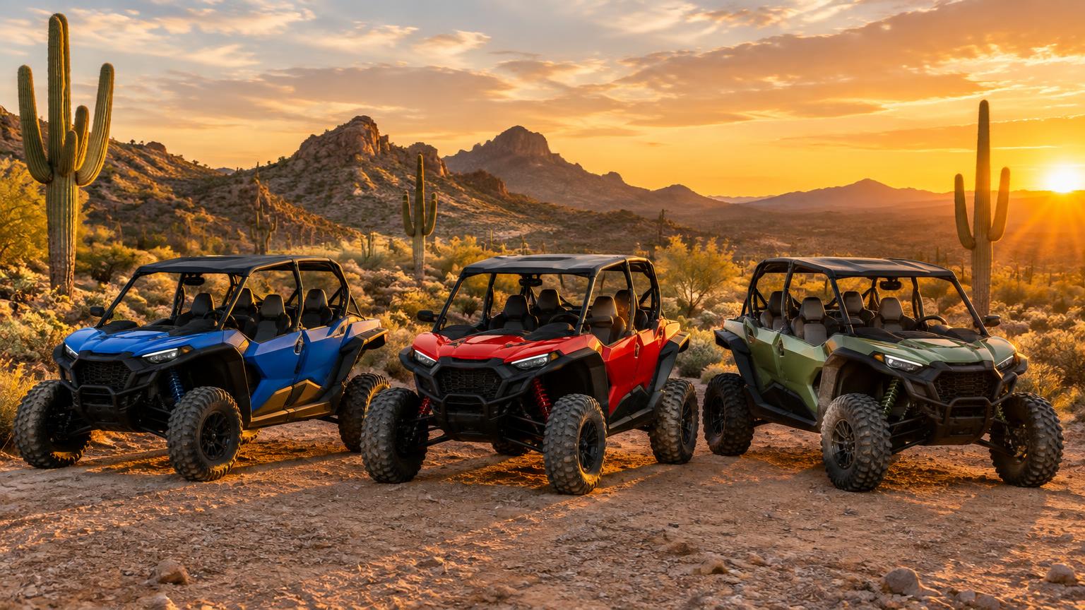 Blue, red and green side-by-sides parked at a desert trailhead with saguaros at sunset