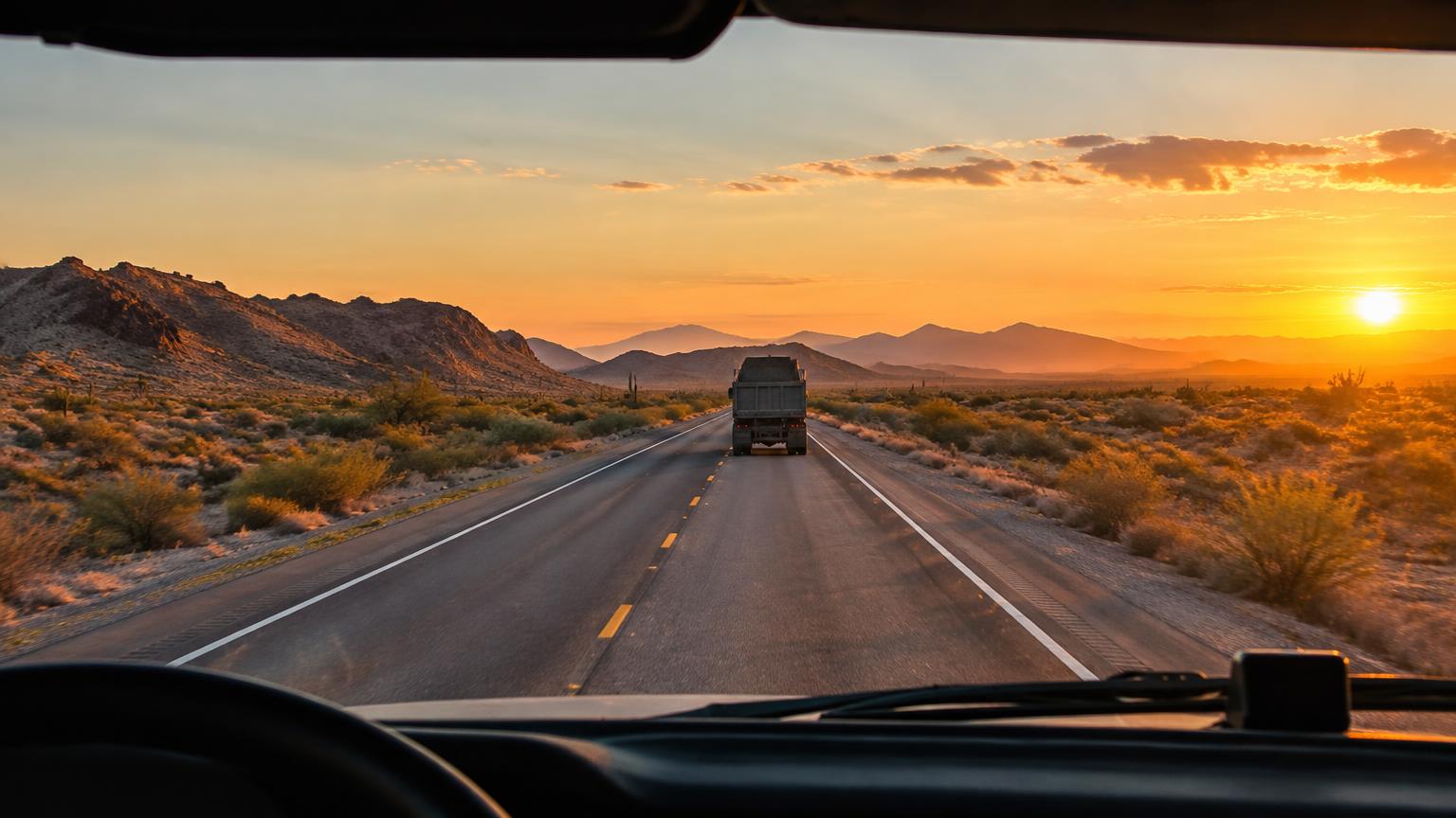 View through a truck windshield of a gravel truck ahead on an Arizona desert highway at sunset